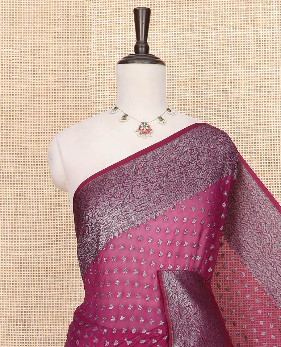 Purple Fancy Georgette Saree Prettified with Zari Buttas, Highlighted by a Traditional Zari Design Border, Grandly Woven Pallu Featuring Floral Jaal Designs in Zari, and Paired with a Matching Blouse - Image 2