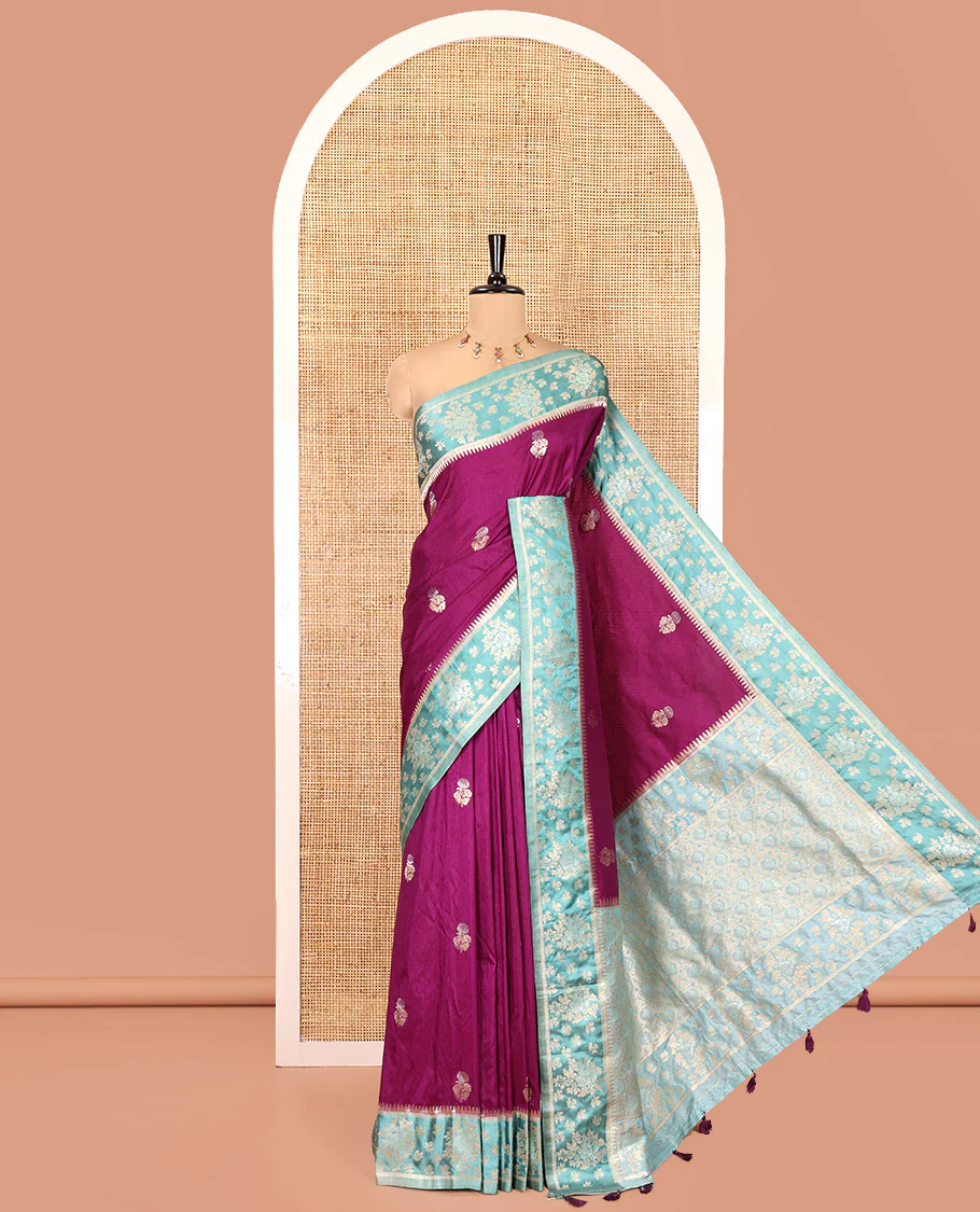 Purple Fancy Raw Silk Saree, Enriched with Floral Zari Buttas, a Contrast Floral Temple Border, Intricate Pallu, and a Contrast Blouse - Image 6