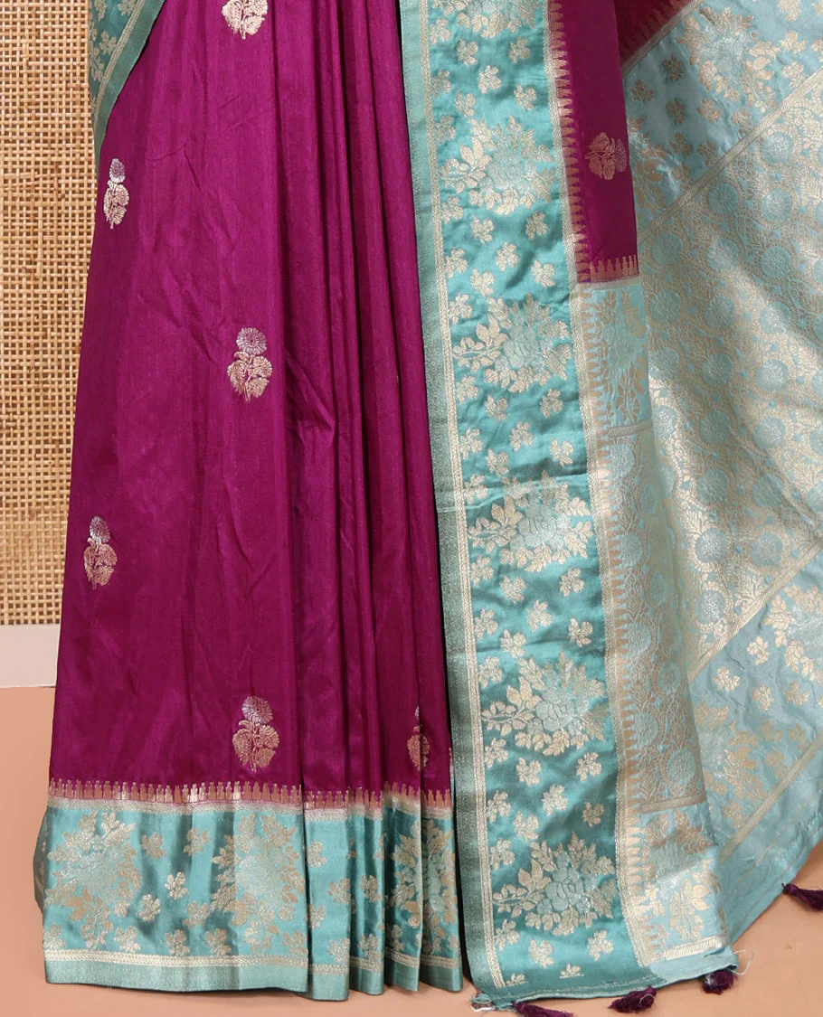 Purple Fancy Raw Silk Saree, Enriched with Floral Zari Buttas, a Contrast Floral Temple Border, Intricate Pallu, and a Contrast Blouse - Image 8