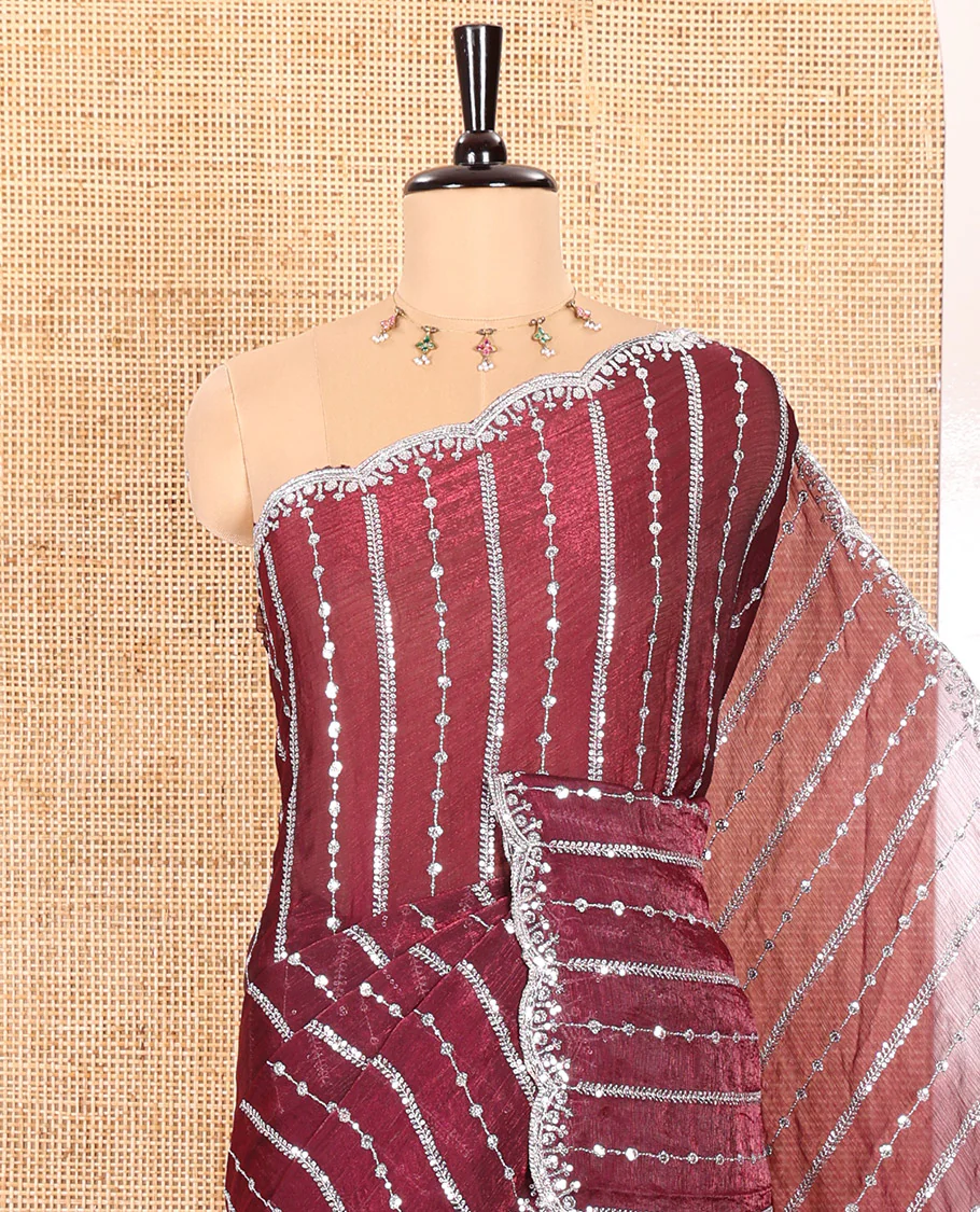 Purple Fendy Chiffon Saree Highlighted with Sequins and Thread Stripes Embroidery, Scallop Embroidered Border, Elegantly Embroidered Pallu, and Paired with a Matching Blouse - Image 2
