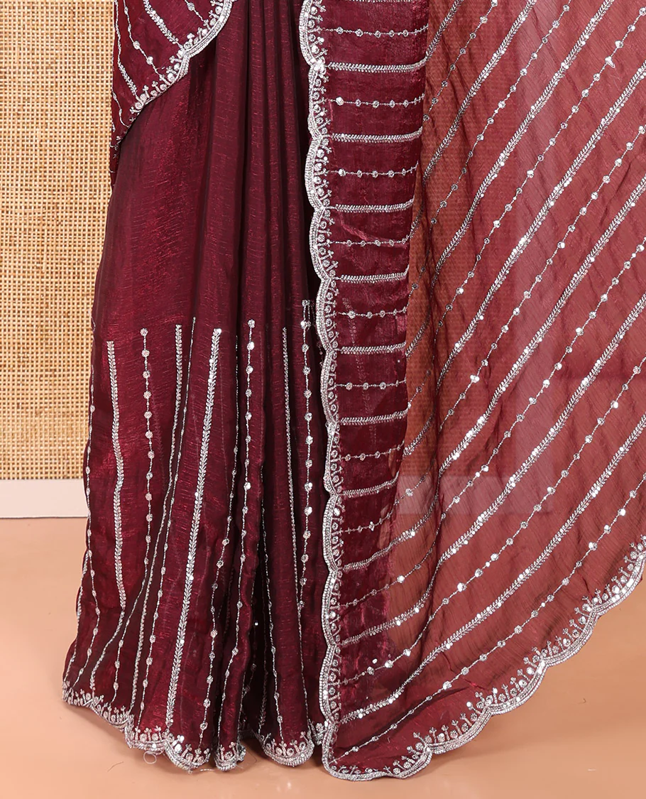 Purple Fendy Chiffon Saree Highlighted with Sequins and Thread Stripes Embroidery, Scallop Embroidered Border, Elegantly Embroidered Pallu, and Paired with a Matching Blouse - Image 3