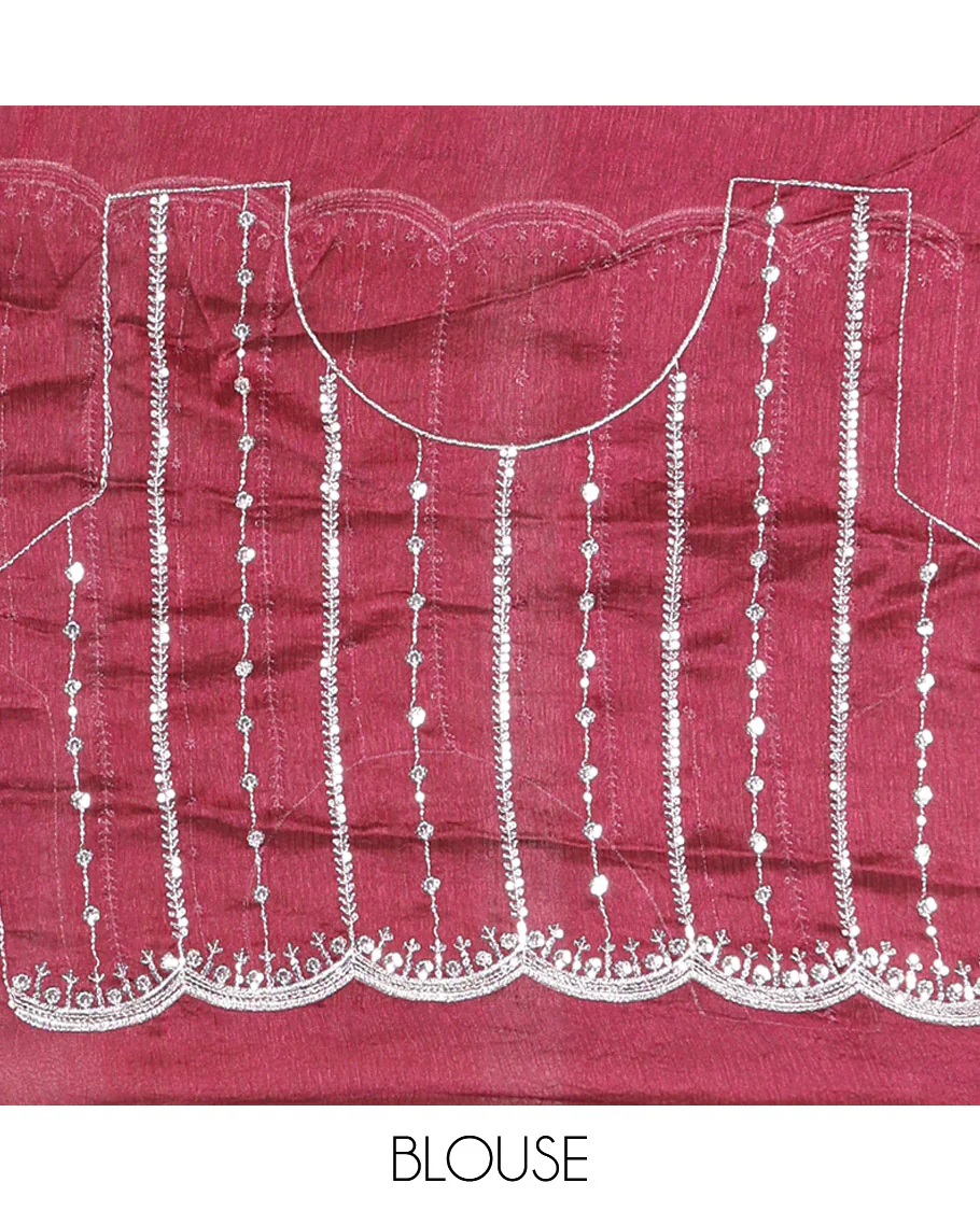 Purple Fendy Chiffon Saree Highlighted with Sequins and Thread Stripes Embroidery, Scallop Embroidered Border, Elegantly Embroidered Pallu, and Paired with a Matching Blouse - Image 5