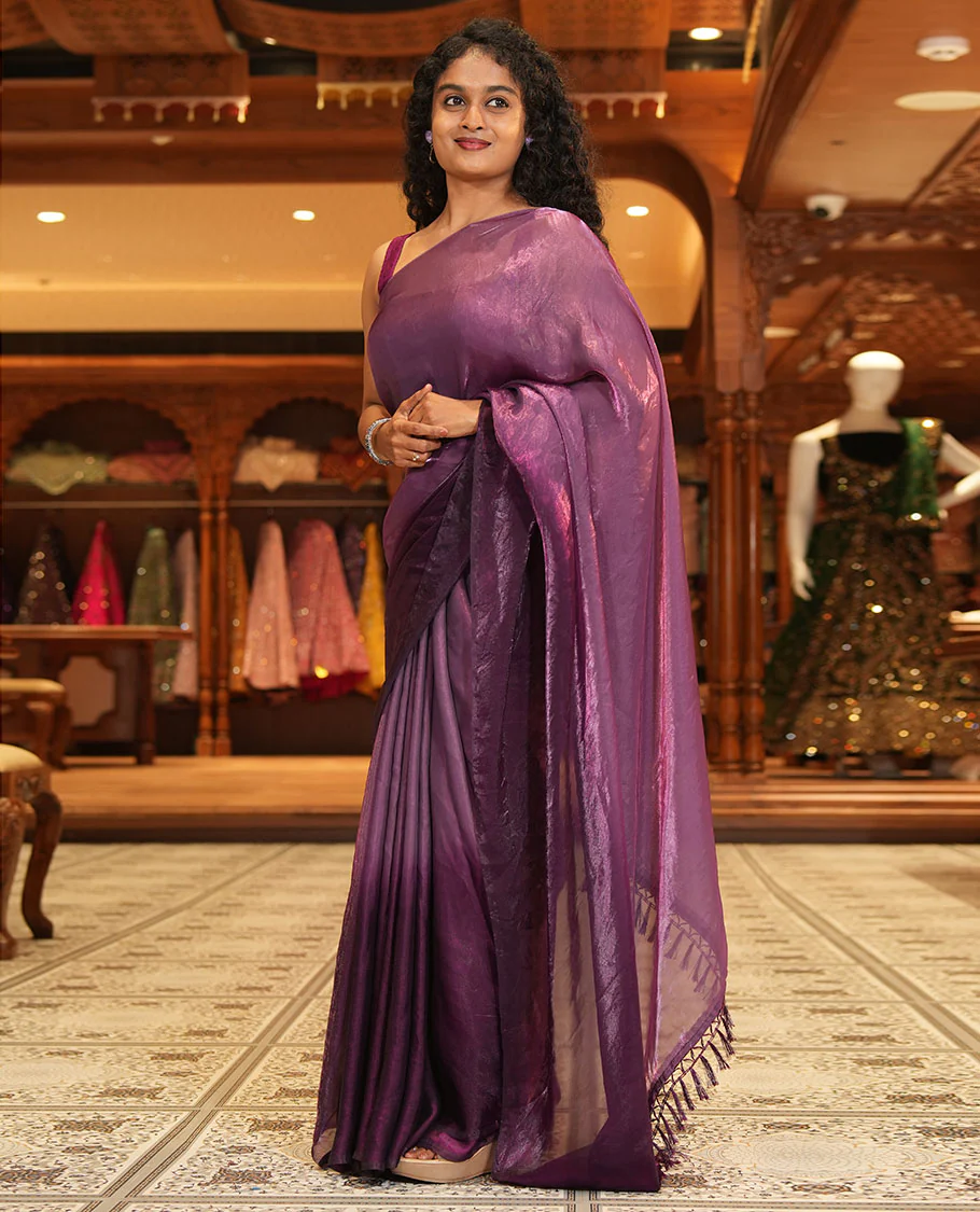 Purple Fendy Chiffon Saree Subtly Sparked with Plain Dual-Tone Ombre-Style Design, Self-Pallu of Tassels, and a Plain Blouse - Image 4