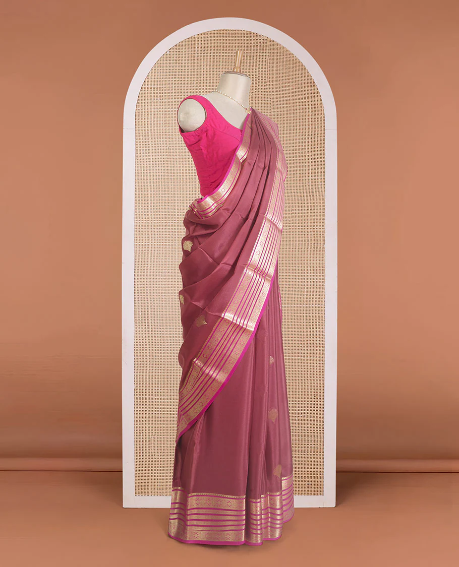Purple floral bouquet zari buttas banarasi kathan silk saree, contrast floral creeper zari border, and intricate pallu