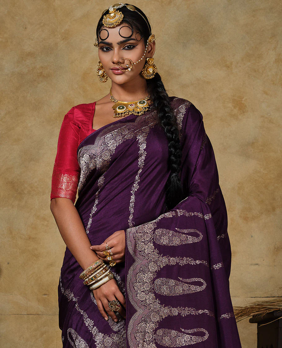Purple floral vertical striped designer saree, scallop floral and big paisley design border, and zari woven pallu - Image 2