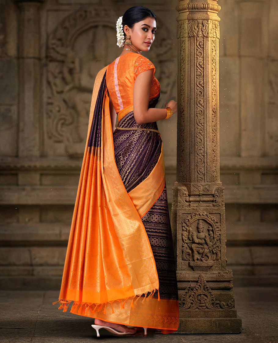 Purple Geometric Patterns Jacquard Kanchipuram Wedding Silk Saree, Contrast Traditional Zari Border of Leaf Vine, and Intricately Designed Pallu - Image 3