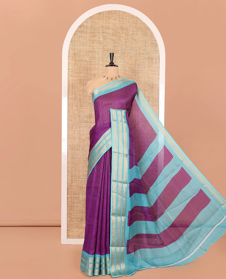 Purple Moss Chiffon Saree, Adorned with Zari Checks All Over Its Body, Complemented by a Contrast Traditional Zari Design Border, Zari Striped Pallu, and Paired with a Contrast Blouse