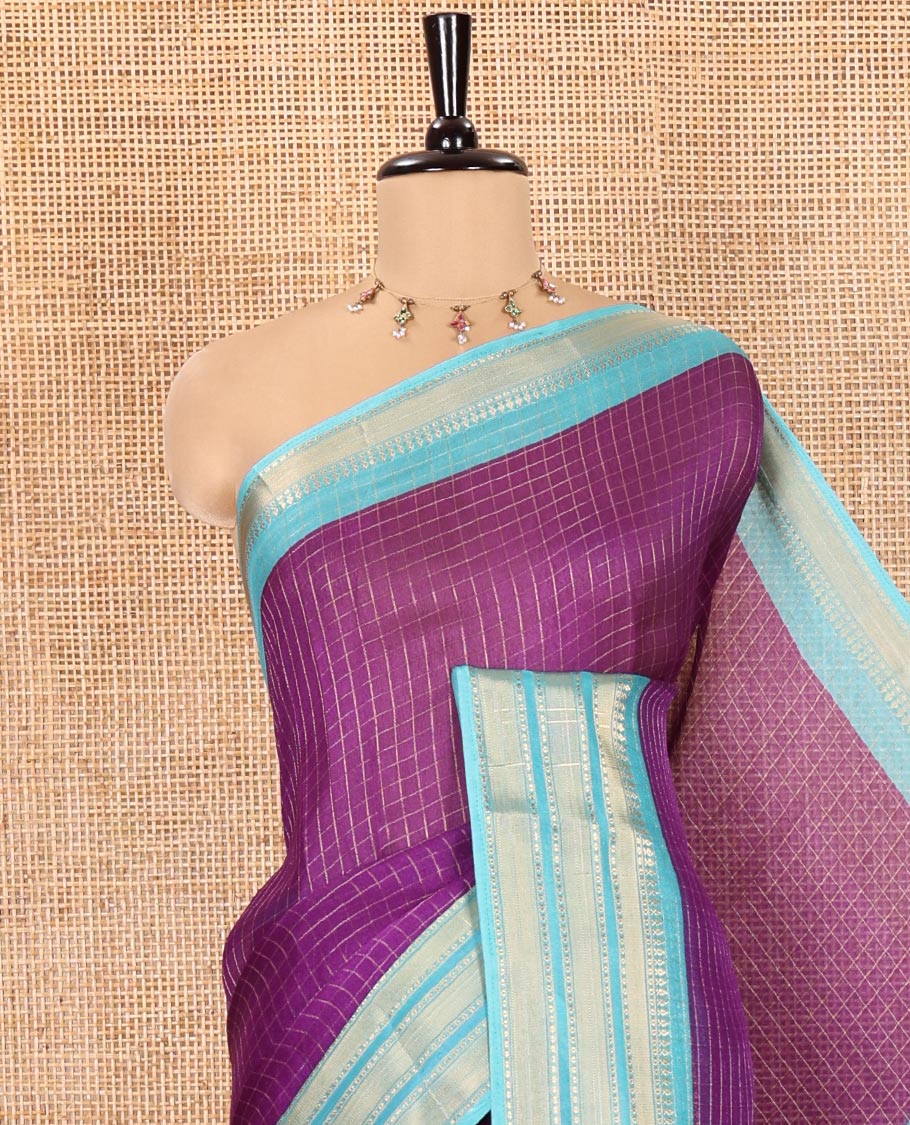 Purple Moss Chiffon Saree, Adorned with Zari Checks All Over Its Body, Complemented by a Contrast Traditional Zari Design Border, Zari Striped Pallu, and Paired with a Contrast Blouse - Image 2