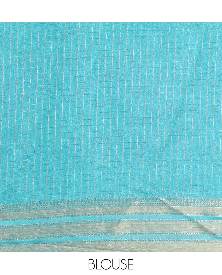 Purple Moss Chiffon Saree, Adorned with Zari Checks All Over Its Body, Complemented by a Contrast Traditional Zari Design Border, Zari Striped Pallu, and Paired with a Contrast Blouse - Image 3