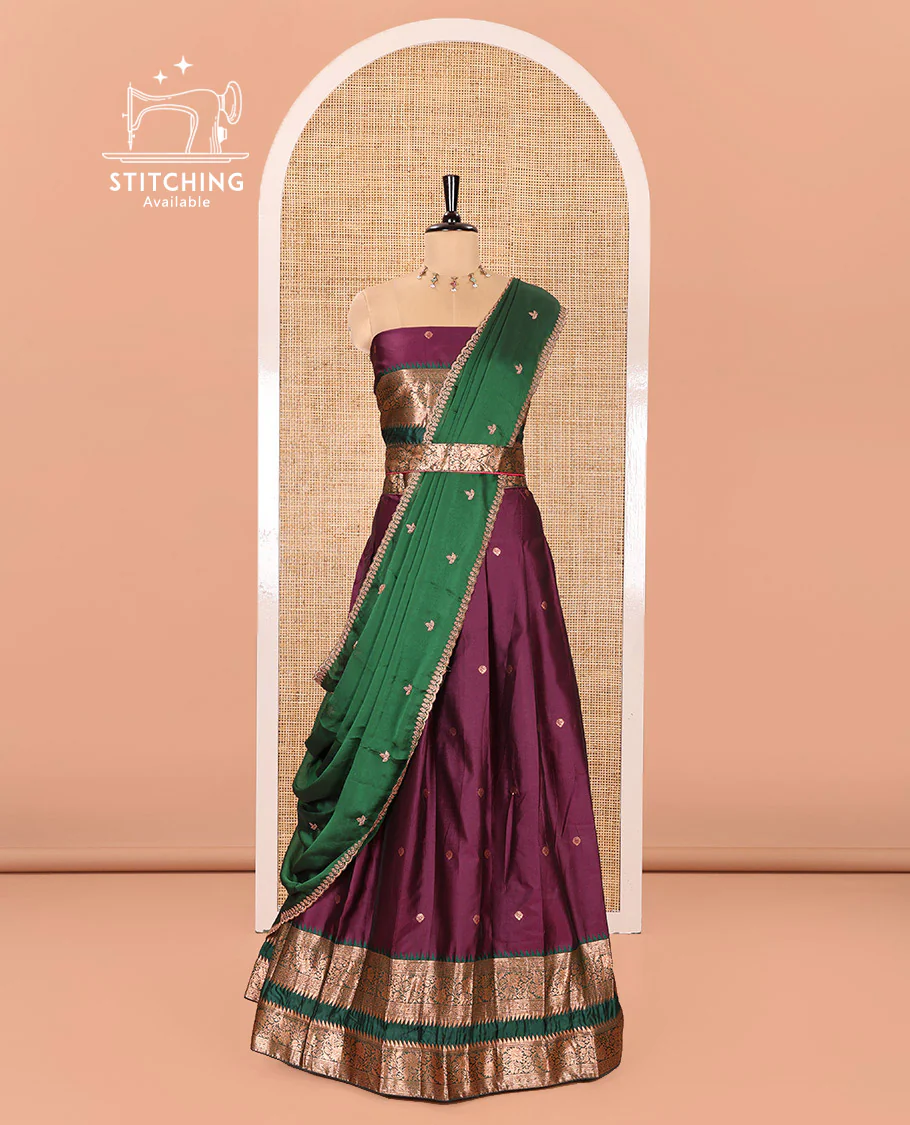 Purple-Green Semi-Banarasi Half-Saree Featuring Zari Buttas on Its Skirt, Complemented by a Contrast Traditional Zari Temple Rettai Pettu Border, Paired with a Matching Blouse, and a Satin Georgette Embroidered Scallop Dhavani - Image 3