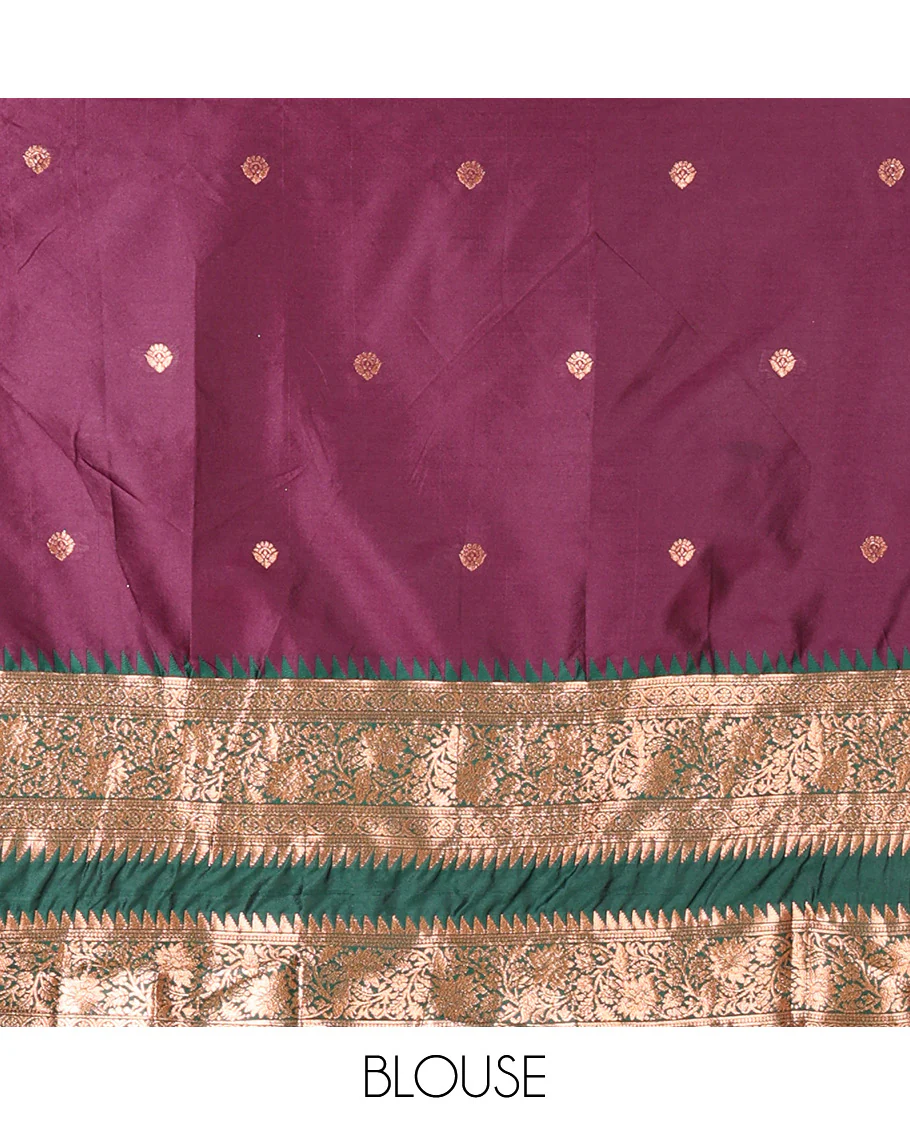 Purple-Green Semi-Banarasi Half-Saree Featuring Zari Buttas on Its Skirt, Complemented by a Contrast Traditional Zari Temple Rettai Pettu Border, Paired with a Matching Blouse, and a Satin Georgette Embroidered Scallop Dhavani - Image 4