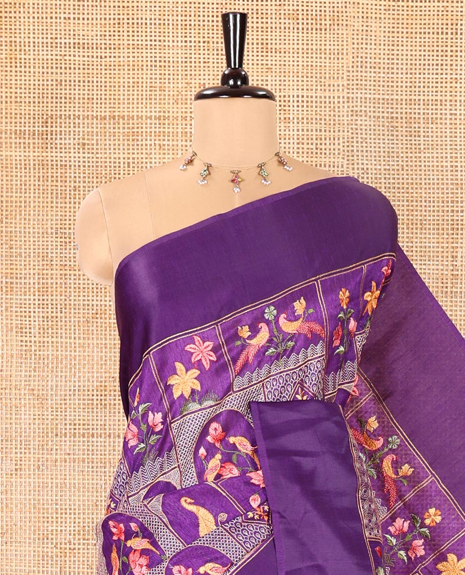 Purple Green-Silk Saree, Elegantly Highlighted by Mughal-Style Floral-Fauna Enclosed Jaal Design Embroidery, Subtle Satin Border, Artfully Multi-Color Embroidered Pallu, and Paired with a Matching Blouse - Image 2