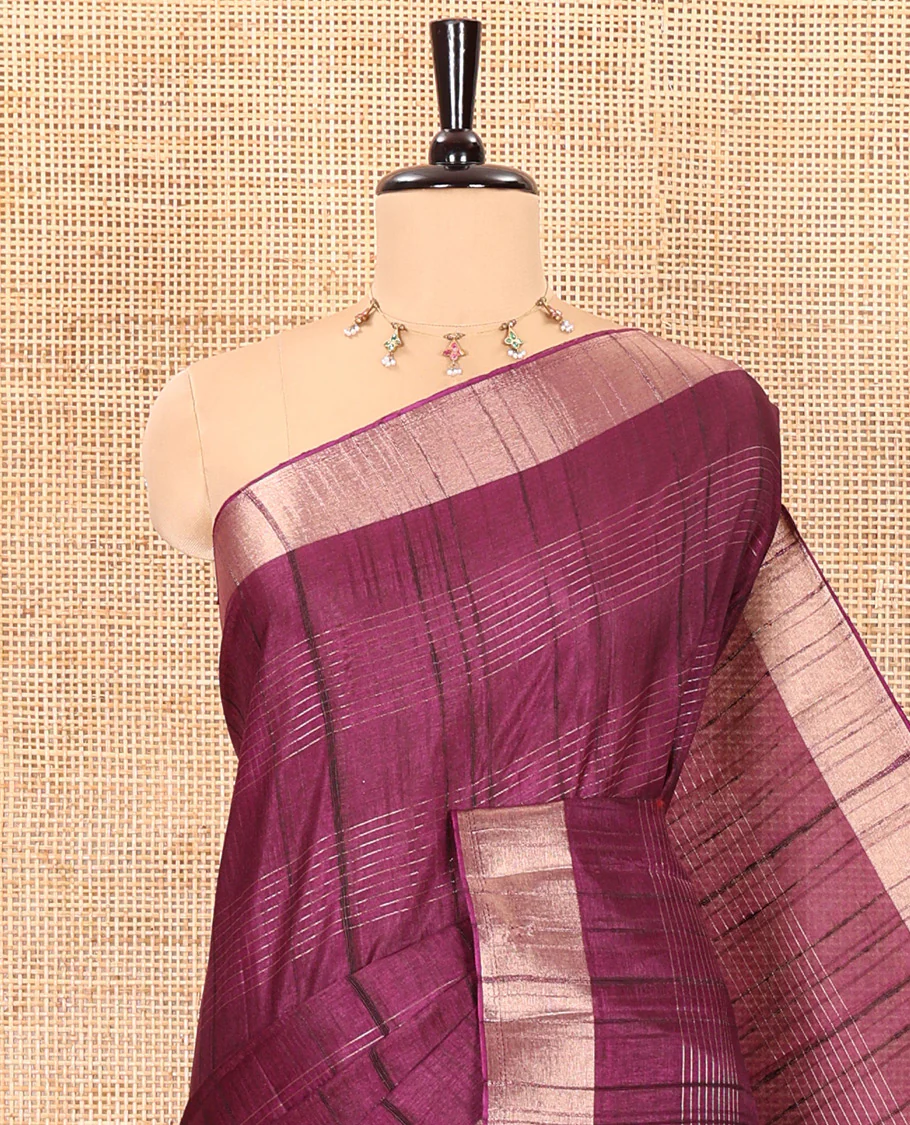 Purple horizontal striped fancy tussar silk saree, bavanji border, self-pallu, and a matching striped blouse - Image 2