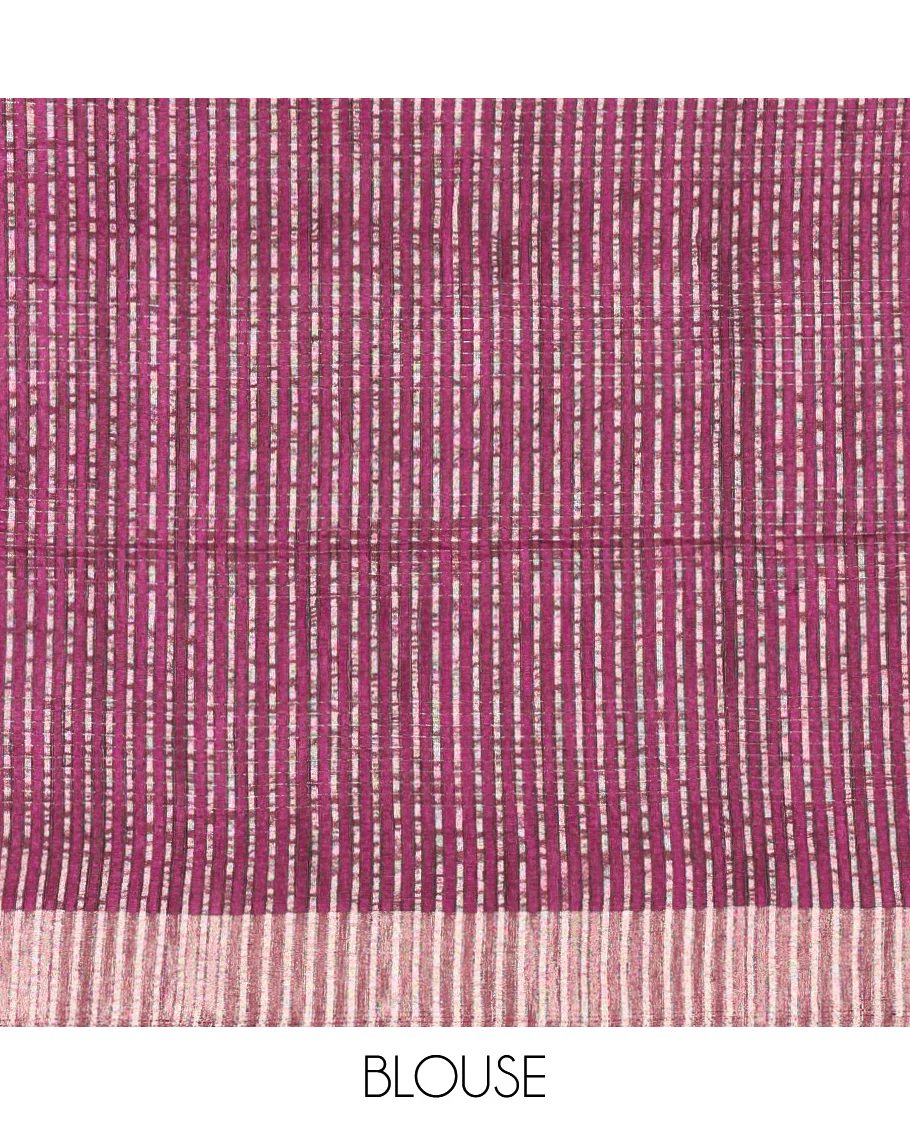 Purple horizontal striped fancy tussar silk saree, bavanji border, self-pallu, and a matching striped blouse - Image 3