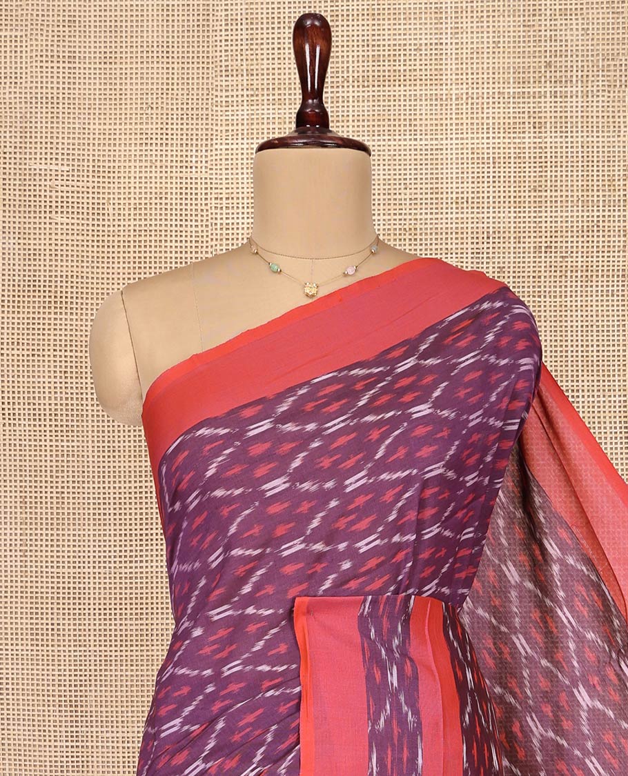 Purple Ikkat Cotton Saree, Adorned with Ikkat-Style Ogee Patterns on Its Body, Complemented by Contrast Ikkat-Textured Border, Pallu Steeped with Ikkat Ogee Patterns, and Has No Blouse - Image 2