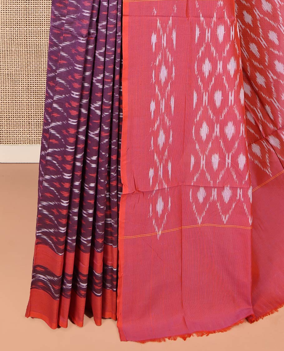 Purple Ikkat Cotton Saree, Adorned with Ikkat-Style Ogee Patterns on Its Body, Complemented by Contrast Ikkat-Textured Border, Pallu Steeped with Ikkat Ogee Patterns, and Has No Blouse - Image 3