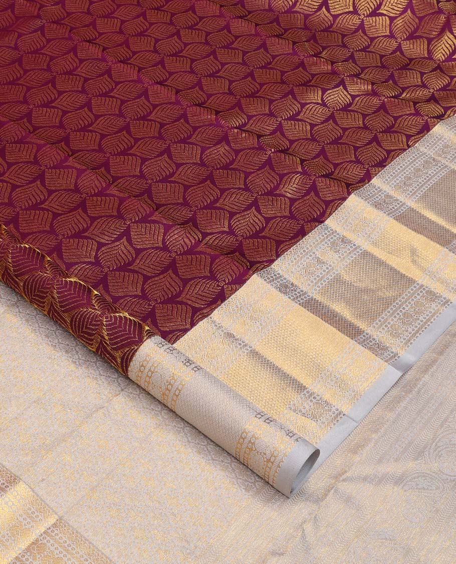 Purple jacquard wedding silk saree, contrast border of banaras, mayil, and mayil kann designs, and jaal pallu - Image 2