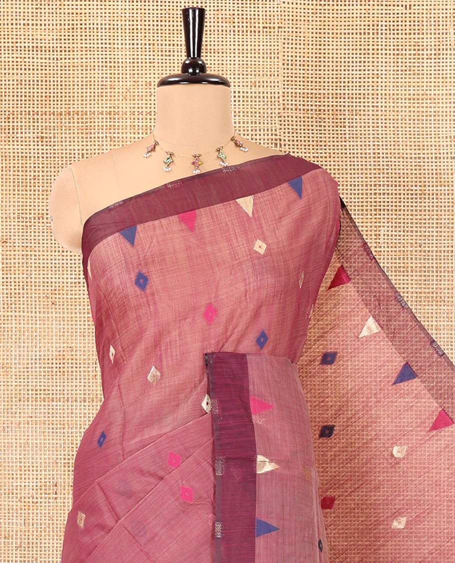Purple Jute Cotton Saree, Adorned with Diamond Meena Buttas All Over Its Body, Complemented by a Contrast Border, Pallu of Jamdhani-Style Floral Designs, and Paired with a Contrast Blouse - Image 2