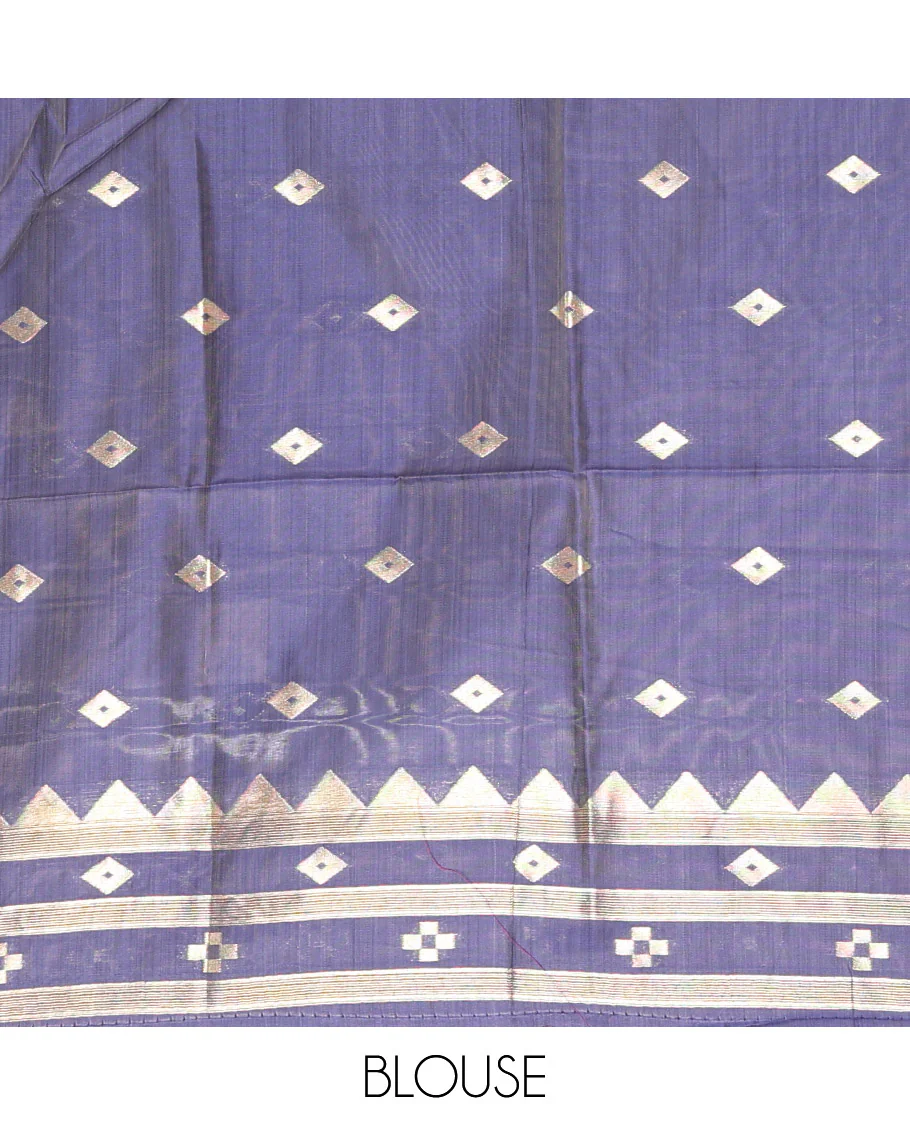 Purple Jute Cotton Saree, Adorned with Diamond Meena Buttas All Over Its Body, Complemented by a Contrast Border, Pallu of Jamdhani-Style Floral Designs, and Paired with a Contrast Blouse - Image 3