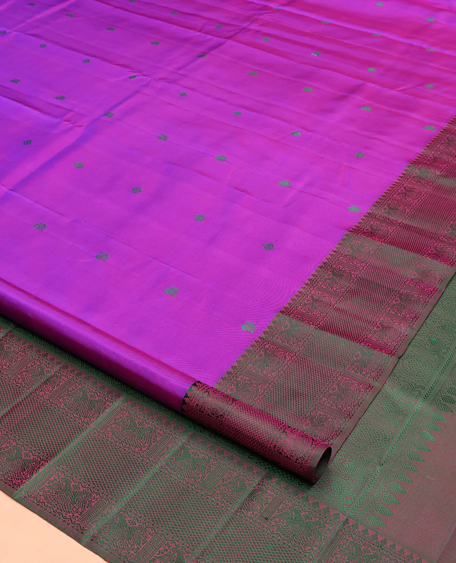 Purple Kanchipuram Silk Saree, Adorned with Diamond and Mayil Thread Buttas on Its Body, Complemented by a Contrast Border of Thilakam Mokku, Iruthalai Pakshi, and Kuyil Kann Designs, Pallu of Jaal Designs, and Paired with a Contrast Blouse - Image 2