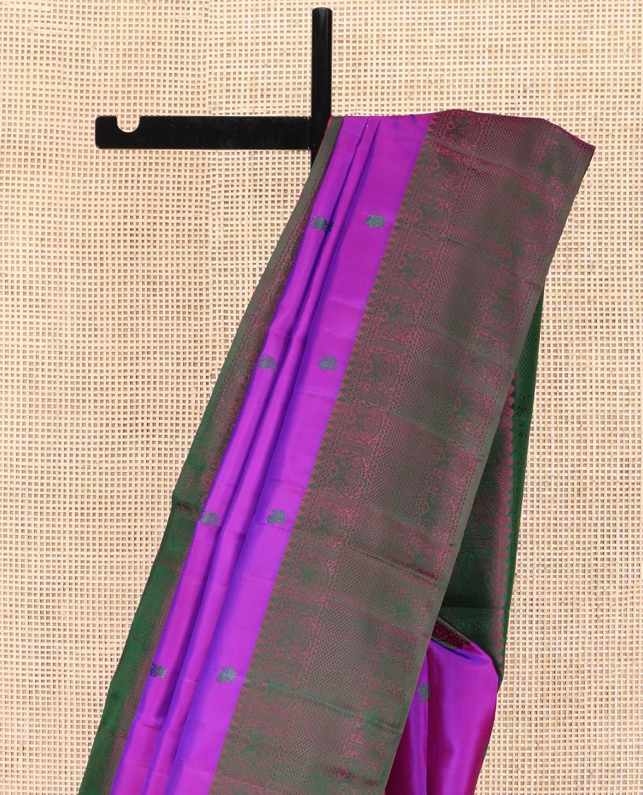 Purple Kanchipuram Silk Saree, Adorned with Diamond and Mayil Thread Buttas on Its Body, Complemented by a Contrast Border of Thilakam Mokku, Iruthalai Pakshi, and Kuyil Kann Designs, Pallu of Jaal Designs, and Paired with a Contrast Blouse - Image 3