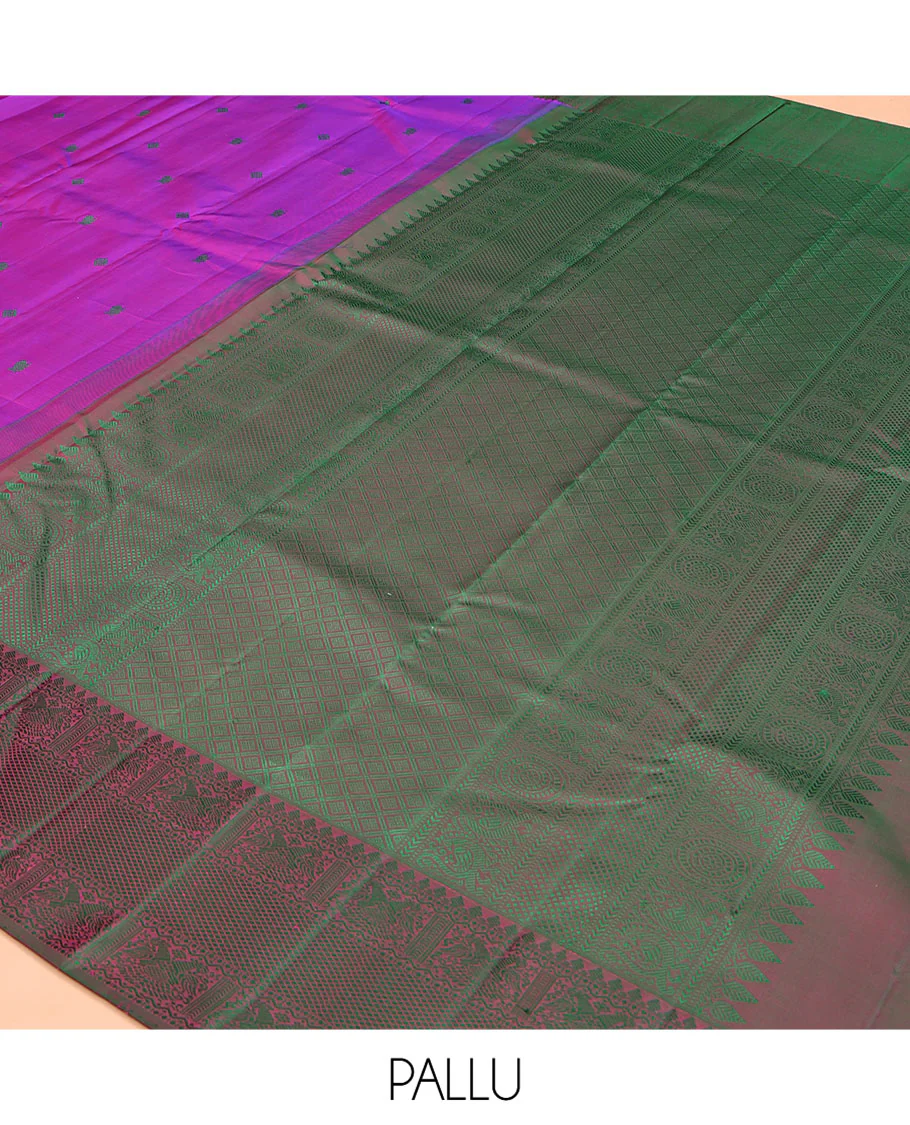 Purple Kanchipuram Silk Saree, Adorned with Diamond and Mayil Thread Buttas on Its Body, Complemented by a Contrast Border of Thilakam Mokku, Iruthalai Pakshi, and Kuyil Kann Designs, Pallu of Jaal Designs, and Paired with a Contrast Blouse - Image 5