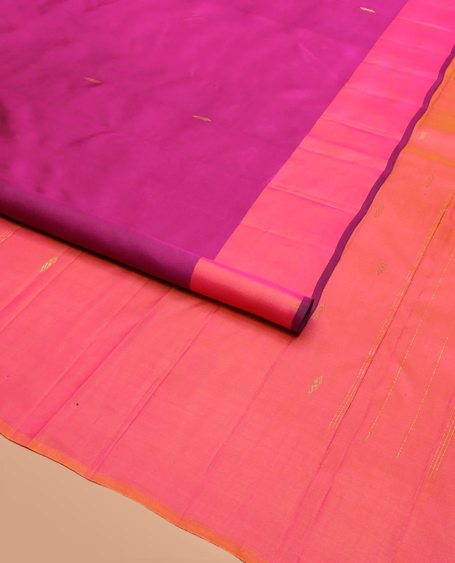 Purple Kanchipuram Silk Saree Featuring All-Over Zari Buttas, Highlighted by a Contrast Border with Leaf Zari Buttas, and a Pallu Adorned with Floral Motifs, Paired with a Subtle Contrast Plain Blouse - Image 2