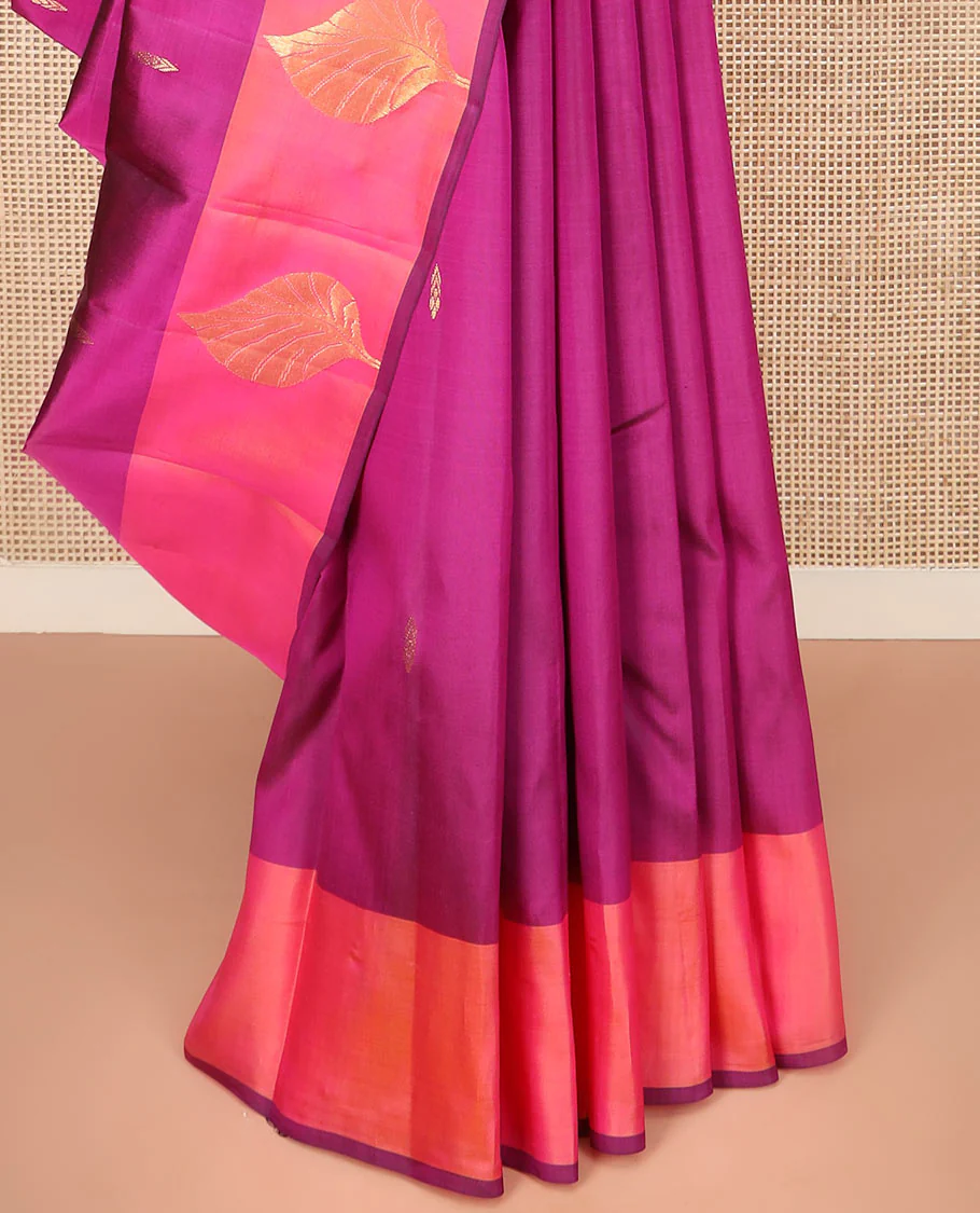Purple Kanchipuram Silk Saree Featuring All-Over Zari Buttas, Highlighted by a Contrast Border with Leaf Zari Buttas, and a Pallu Adorned with Floral Motifs, Paired with a Subtle Contrast Plain Blouse - Image 4