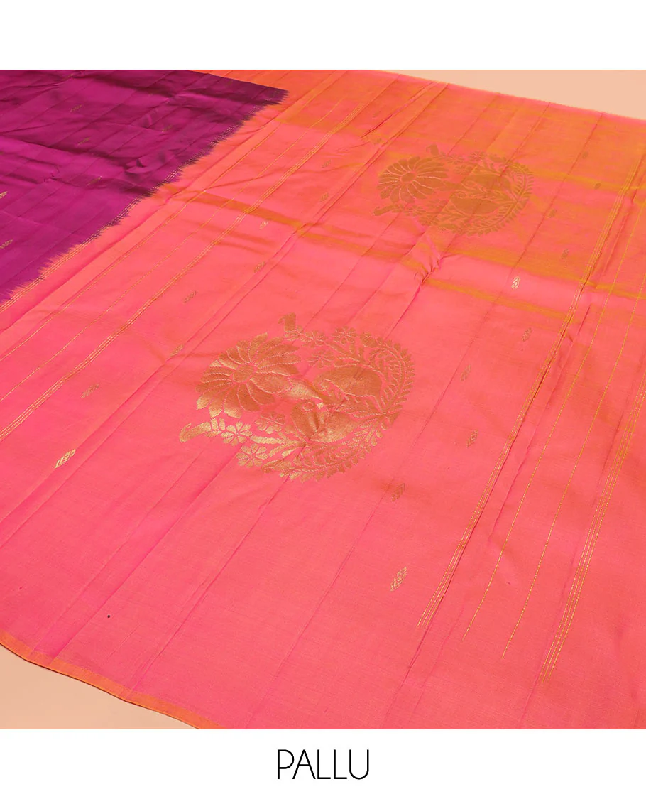 Purple Kanchipuram Silk Saree Featuring All-Over Zari Buttas, Highlighted by a Contrast Border with Leaf Zari Buttas, and a Pallu Adorned with Floral Motifs, Paired with a Subtle Contrast Plain Blouse - Image 5