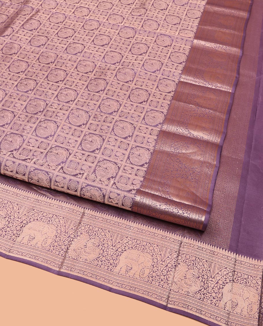 Purple Kanchipuram Wedding Silk Saree, Beautifully Bedecked with Mayil-Chakram Jacquard on Its Body, Highlighted by a Zari Border of Thilakam Mokku, Kodi Visiry, Annam, and Yaanai Designs, Intricately Designed Pallu, and Paired with a Matching Blouse - Image 2