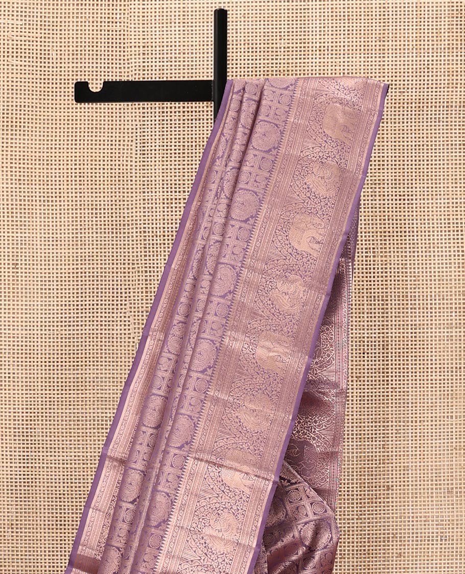 Purple Kanchipuram Wedding Silk Saree, Beautifully Bedecked with Mayil-Chakram Jacquard on Its Body, Highlighted by a Zari Border of Thilakam Mokku, Kodi Visiry, Annam, and Yaanai Designs, Intricately Designed Pallu, and Paired with a Matching Blouse - Image 3