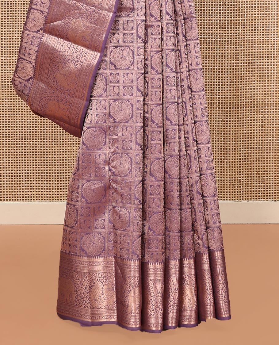 Purple Kanchipuram Wedding Silk Saree, Beautifully Bedecked with Mayil-Chakram Jacquard on Its Body, Highlighted by a Zari Border of Thilakam Mokku, Kodi Visiry, Annam, and Yaanai Designs, Intricately Designed Pallu, and Paired with a Matching Blouse - Image 4