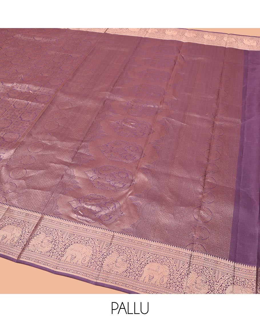 Purple Kanchipuram Wedding Silk Saree, Beautifully Bedecked with Mayil-Chakram Jacquard on Its Body, Highlighted by a Zari Border of Thilakam Mokku, Kodi Visiry, Annam, and Yaanai Designs, Intricately Designed Pallu, and Paired with a Matching Blouse - Image 5