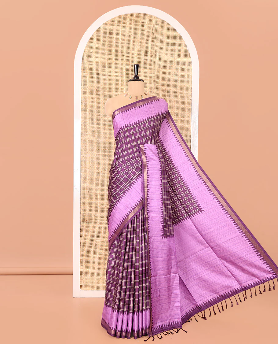 Purple Katan Silk Saree, Detailed with Checked Design Print All Over Its Body, Complemented by Contrast Temple Border, Heathered Pallu, and Paired with a Contrast Blouse
