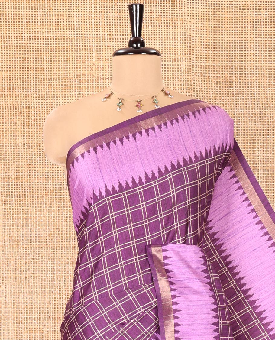 Purple Katan Silk Saree, Detailed with Checked Design Print All Over Its Body, Complemented by Contrast Temple Border, Heathered Pallu, and Paired with a Contrast Blouse - Image 2