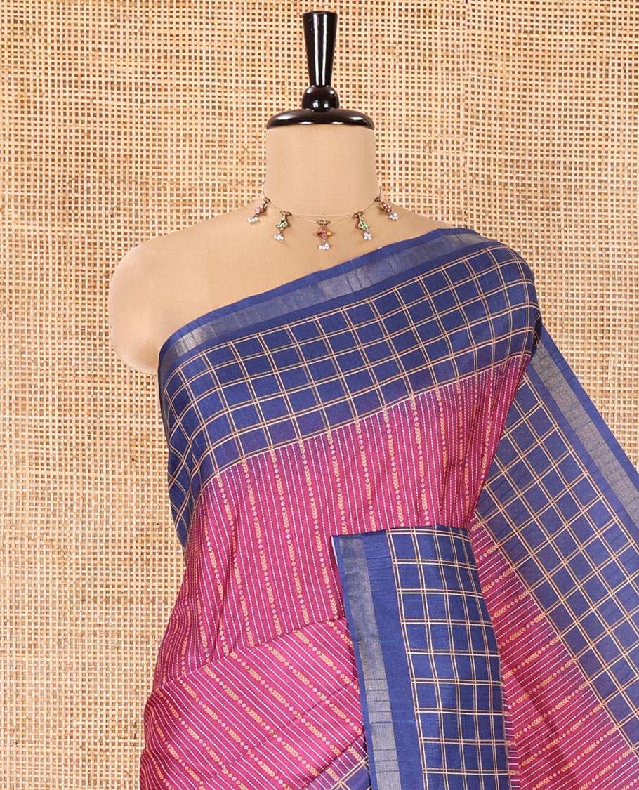 Purple Katan Silk Saree, Mesmerized with Vaira-Oosai-Style Stripes on Its Body, Complemented by a Contrast-Checked Border, Pallu of Jaal Designs, and Paired with a Contrast Blouse - Image 2