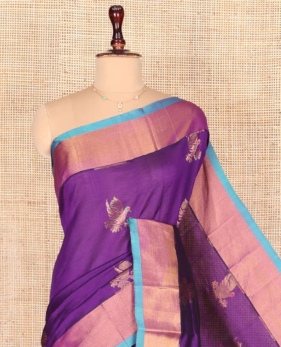 Purple Kuppadam Cotton Saree, Mesmerized with Dove Buttas All Over Its Body, Complemented by Contrast Bavanji Border, Pallu of Ogee Patterns, and Paired with a Contrast Blouse - Image 2