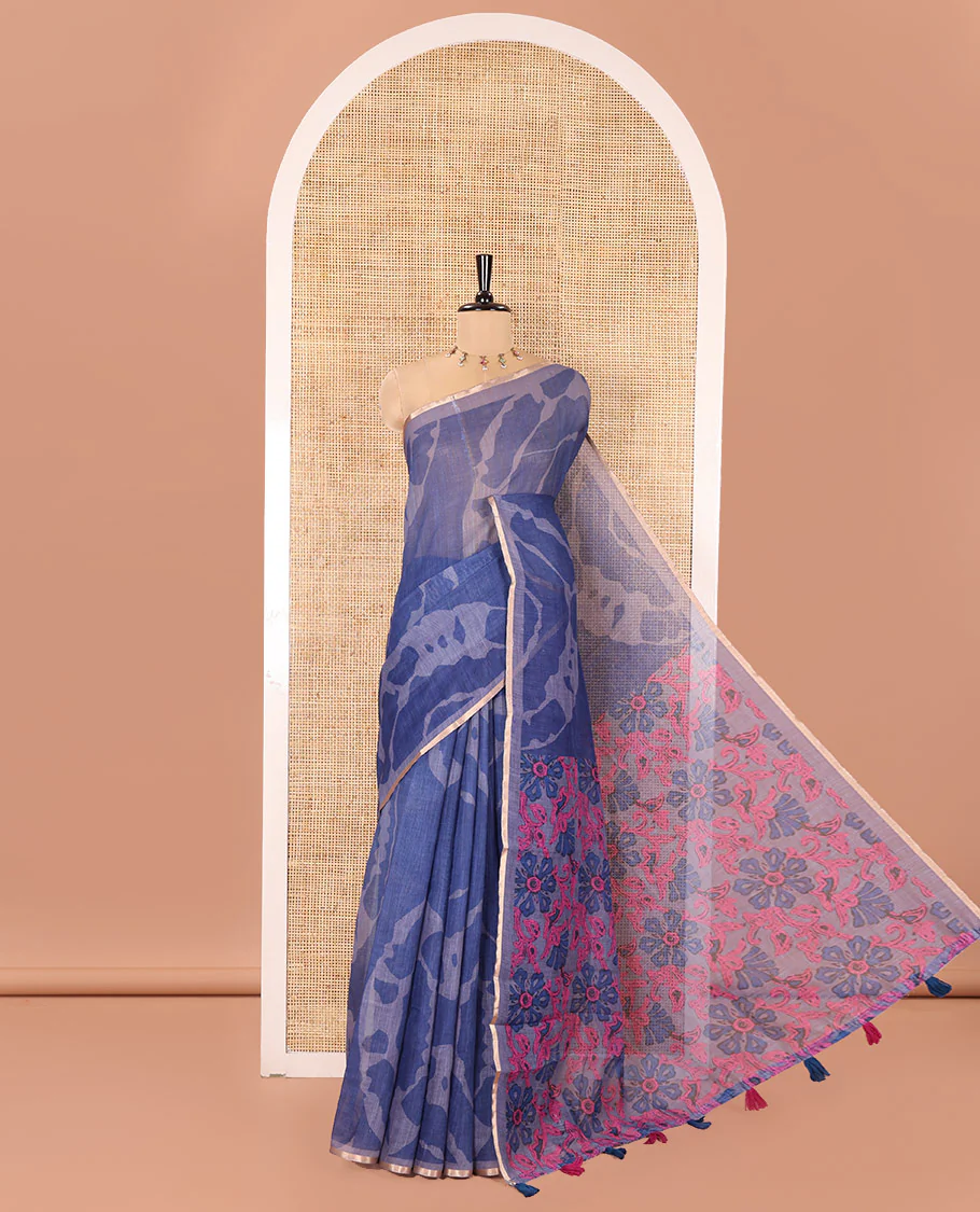 Purple Linen Cotton Saree, Adorned with Shibori Prints on Its Body, Subtle Contrast Piping Border, Pallu of Floral Print, and Paired with a Matching Blouse