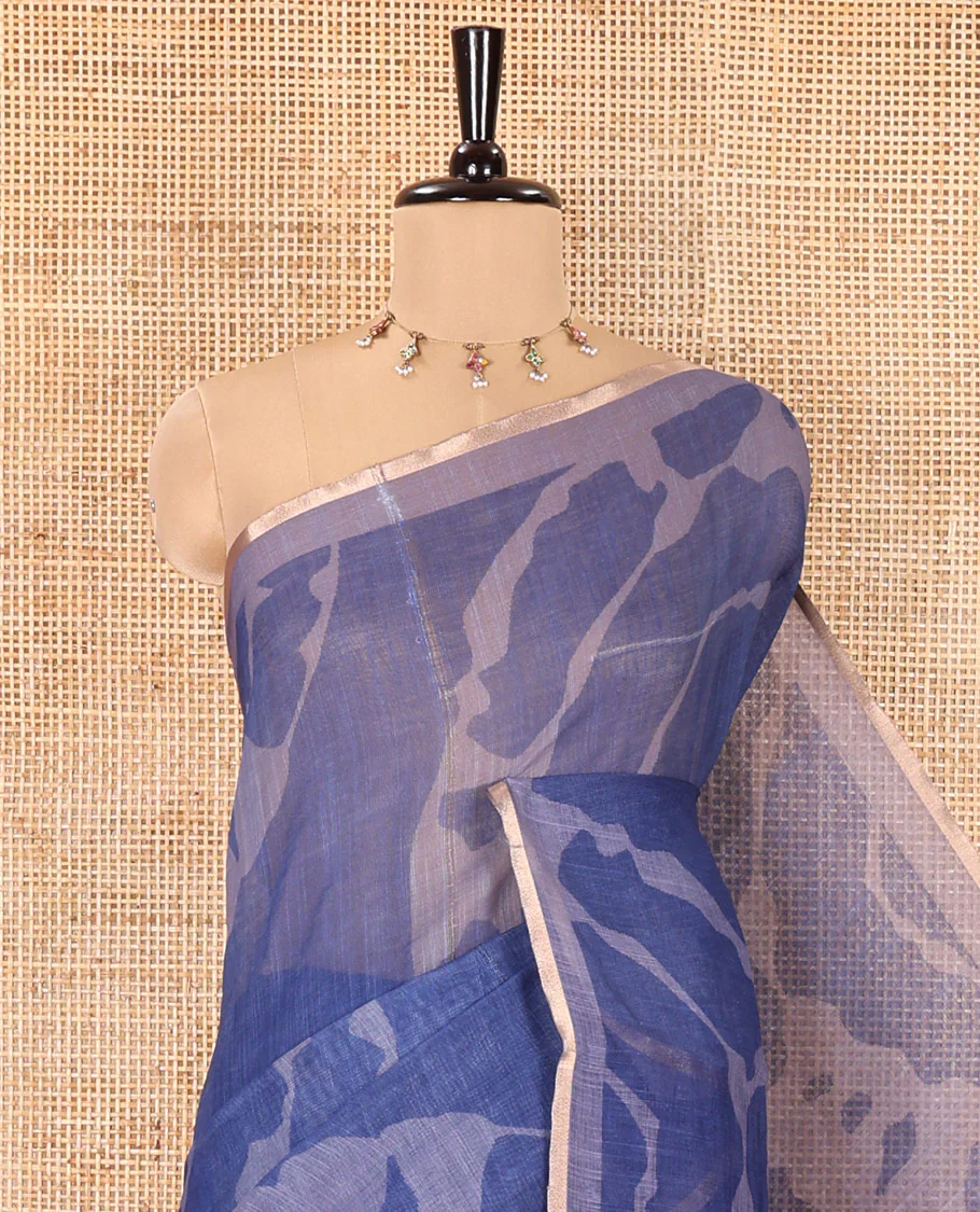 Purple Linen Cotton Saree, Adorned with Shibori Prints on Its Body, Subtle Contrast Piping Border, Pallu of Floral Print, and Paired with a Matching Blouse - Image 2