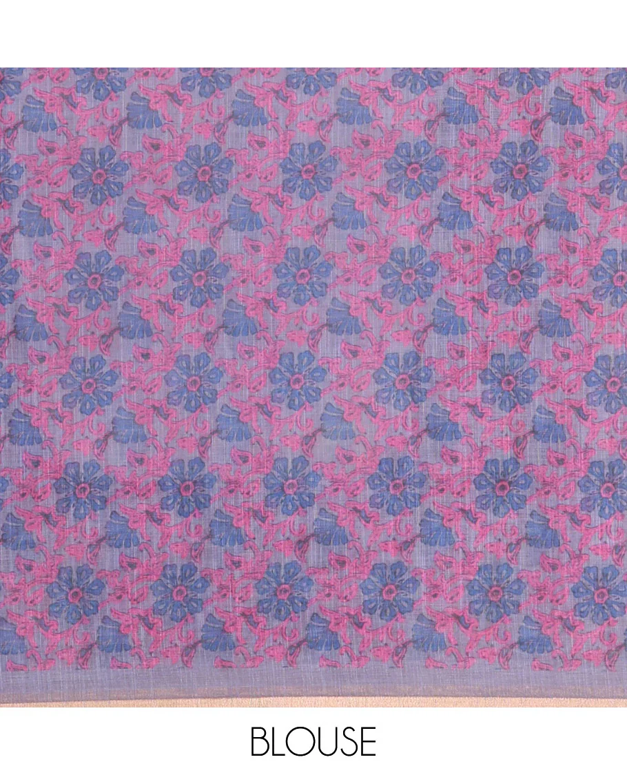Purple Linen Cotton Saree, Adorned with Shibori Prints on Its Body, Subtle Contrast Piping Border, Pallu of Floral Print, and Paired with a Matching Blouse - Image 3
