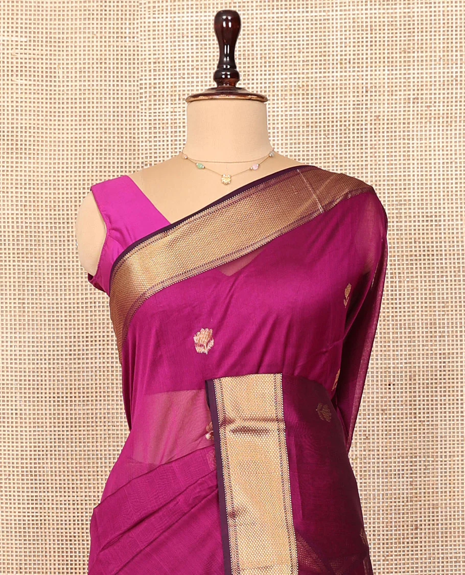 Purple Maheshwari Cotton Saree, Charmingly Accented with Floral Buttas All Over Its Body, Highlighted by  Traditional Zari Border, Pallu Steeped with Gleaming Zari Stripes, and Paired with a Matching Blouse - Image 2