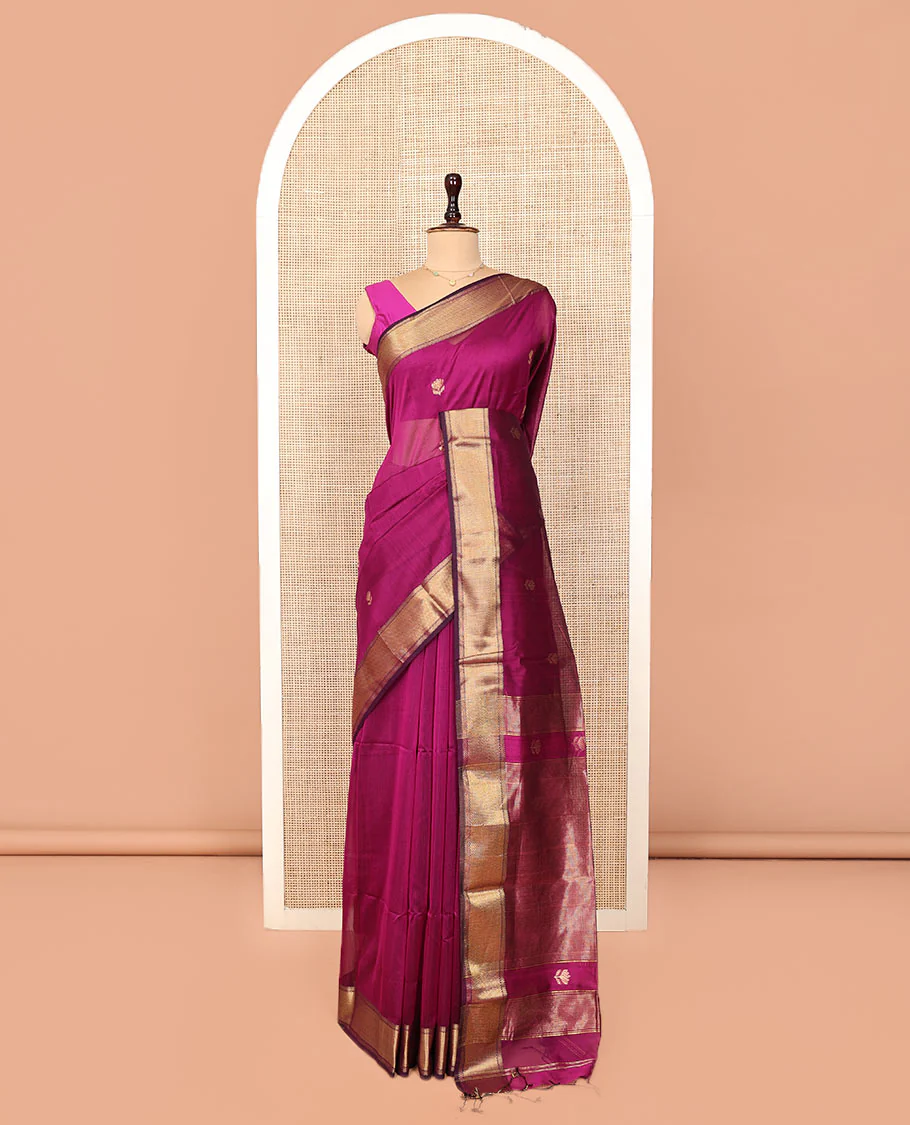 Purple Maheshwari Cotton Saree, Charmingly Accented with Floral Buttas All Over Its Body, Highlighted by  Traditional Zari Border, Pallu Steeped with Gleaming Zari Stripes, and Paired with a Matching Blouse - Image 3