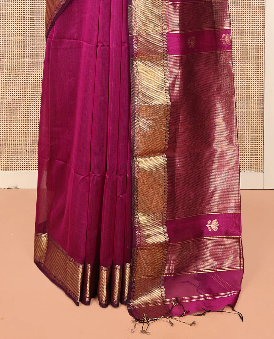 Purple Maheshwari Cotton Saree, Charmingly Accented with Floral Buttas All Over Its Body, Highlighted by  Traditional Zari Border, Pallu Steeped with Gleaming Zari Stripes, and Paired with a Matching Blouse - Image 4