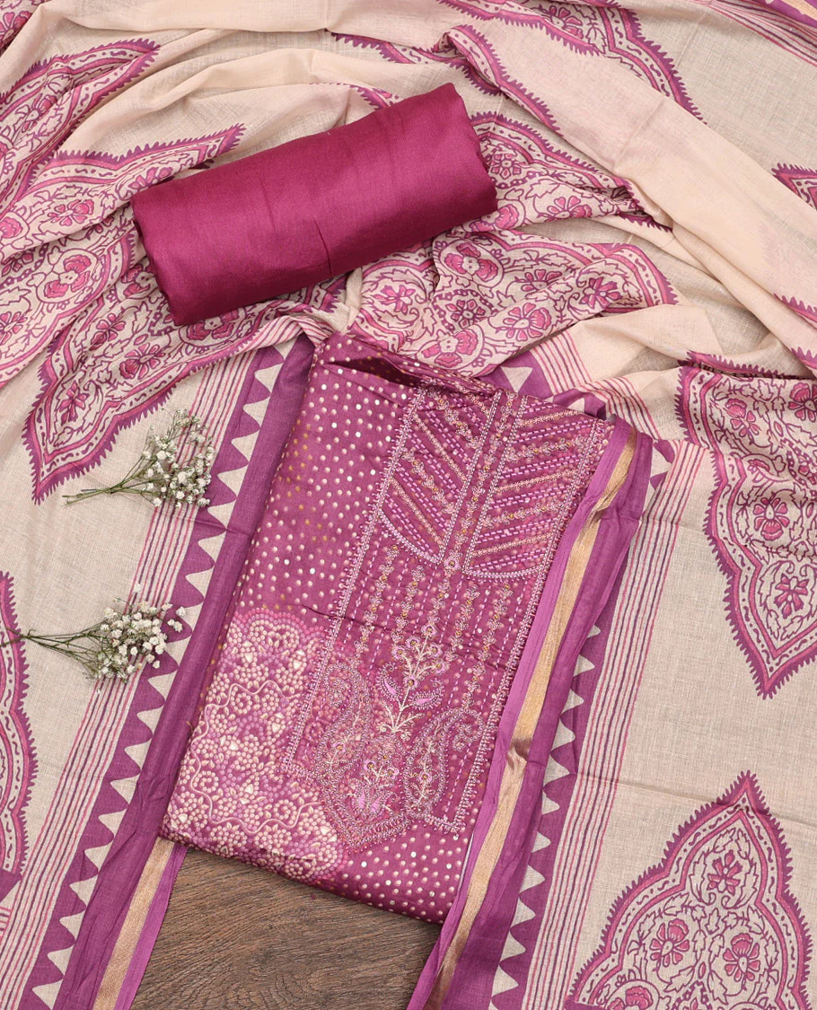 Purple Material Chudidar Set, Accentuated with Bandhani Dot Printed and Embroidery on Rayon Top, a Rayon Bottom, and Paired with Contrast Intricately Printed Cotton Dupatta