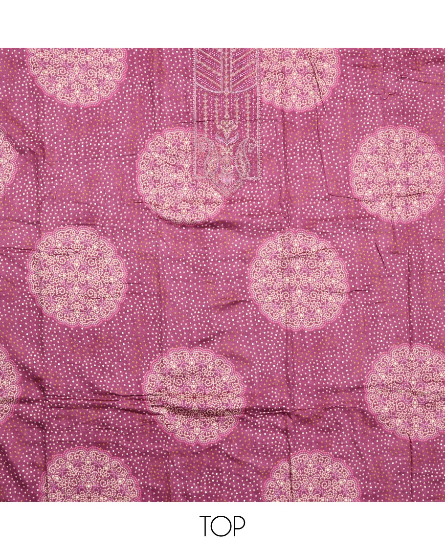 Purple Material Chudidar Set, Accentuated with Bandhani Dot Printed and Embroidery on Rayon Top, a Rayon Bottom, and Paired with Contrast Intricately Printed Cotton Dupatta - Image 2