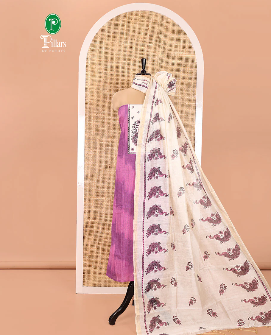 Purple Material Chudidhar Set, Adorned with Ikkat Weave and Neck Peacock Patchwork Handloom Cotton Top, Cotton Plain Bottom, and Contrast Chanderi Silk Peacock Printed Dupatta