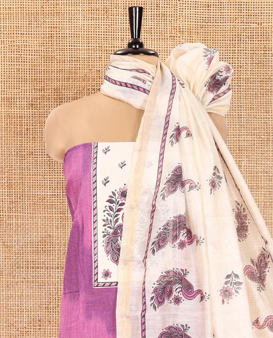 Purple Material Chudidhar Set, Adorned with Ikkat Weave and Neck Peacock Patchwork Handloom Cotton Top, Cotton Plain Bottom, and Contrast Chanderi Silk Peacock Printed Dupatta - Image 3