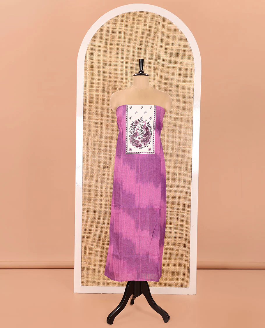 Purple Material Chudidhar Set, Adorned with Ikkat Weave and Neck Peacock Patchwork Handloom Cotton Top, Cotton Plain Bottom, and Contrast Chanderi Silk Peacock Printed Dupatta - Image 4