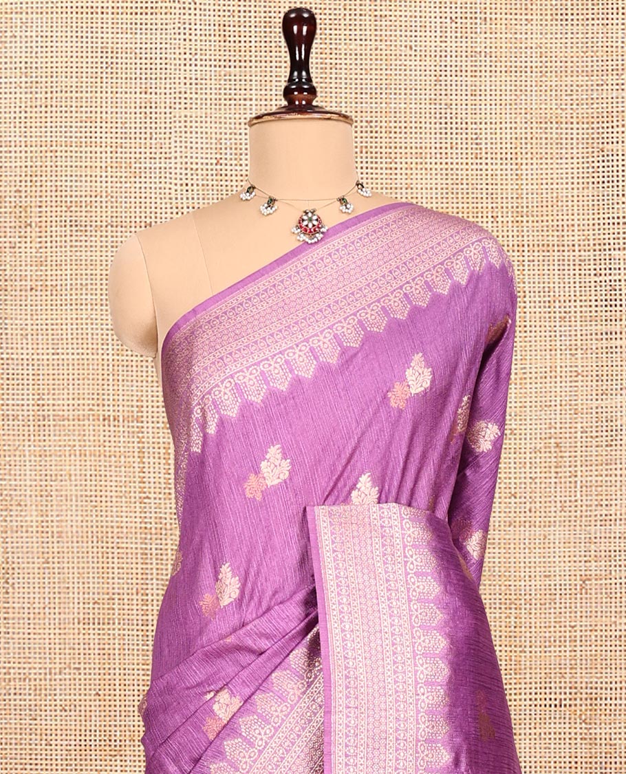 Purple Matka Silk Saree, Adorned with Buttas All Over Its Body, Highlighted by a Self-Border of Traditional Designs, Intricately Designed Pallu, and Paired with Contrast Blouse - Image 2