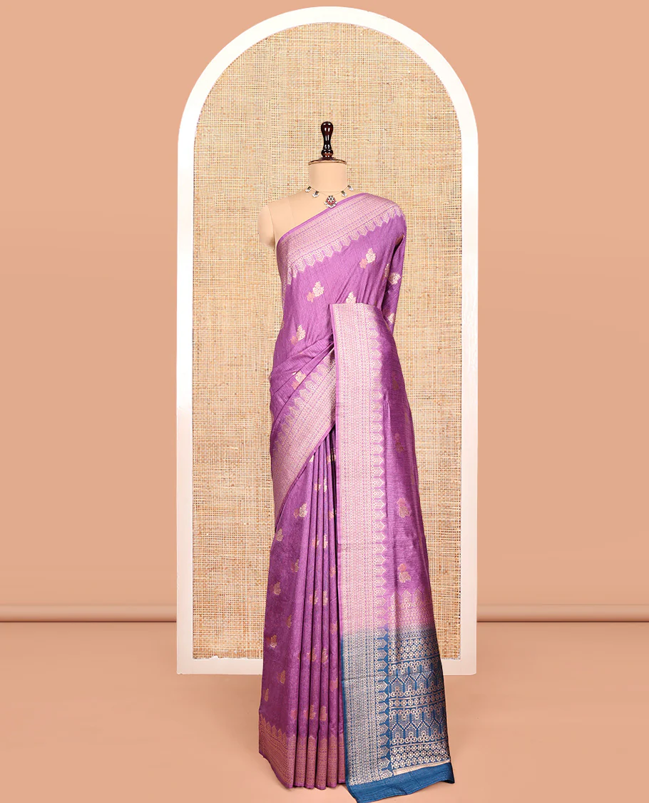 Purple Matka Silk Saree, Adorned with Buttas All Over Its Body, Highlighted by a Self-Border of Traditional Designs, Intricately Designed Pallu, and Paired with Contrast Blouse - Image 3